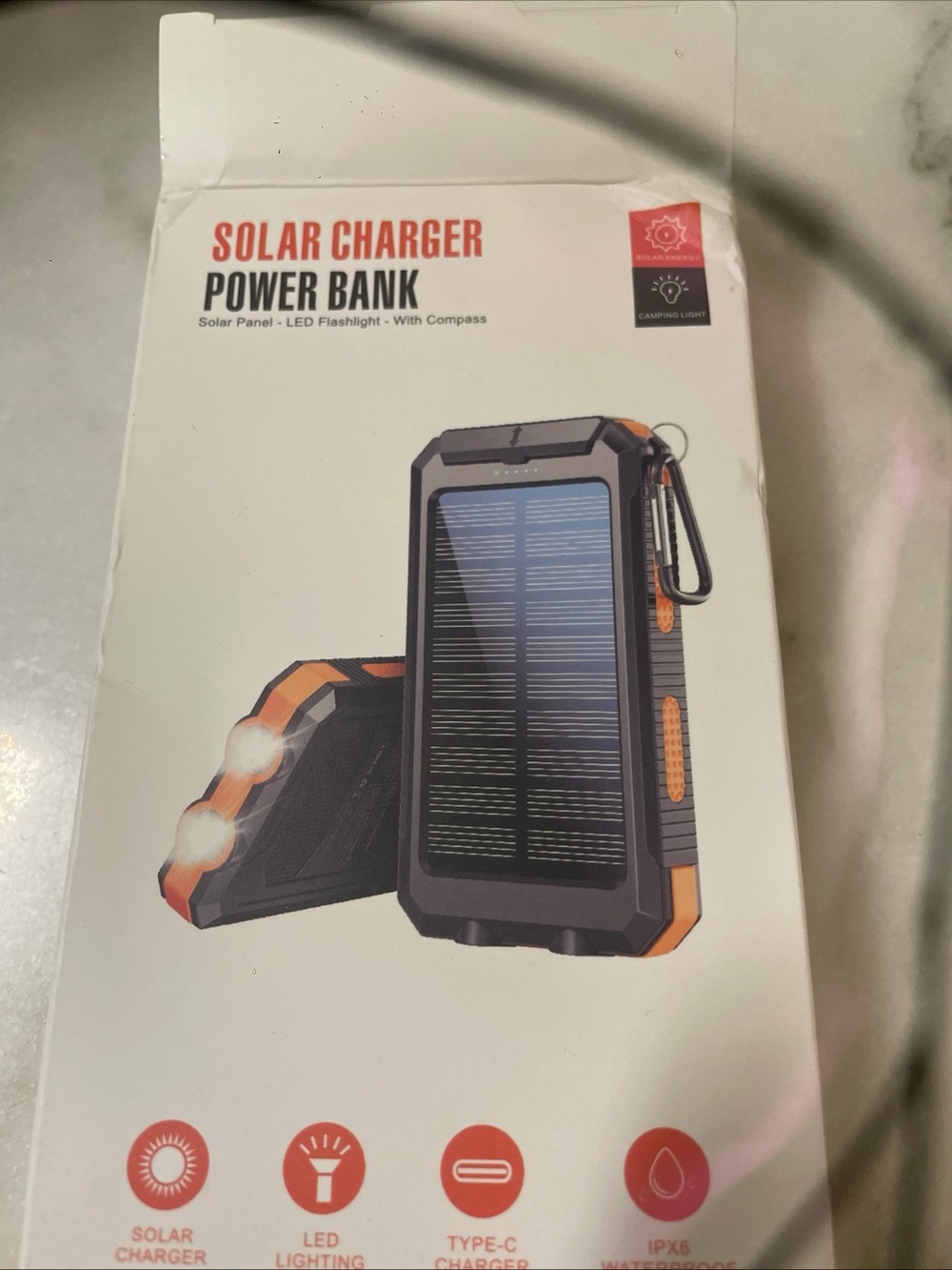 Rugged Solar Power Bank Charger with LED Flashlight - Black & Orange